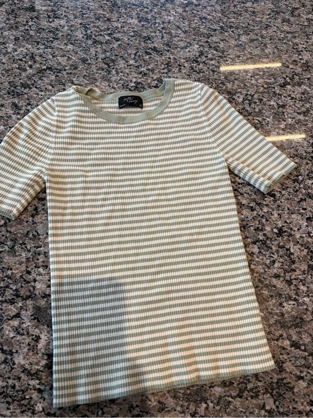 Ribbed Short-Sleeve Striped Top in Sage & White